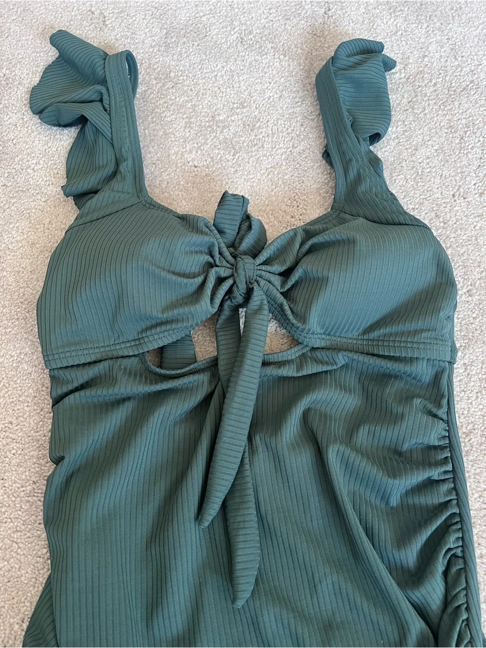 Maternity Green One-Piece Swimsuit with Front Tie and Ruffle Straps